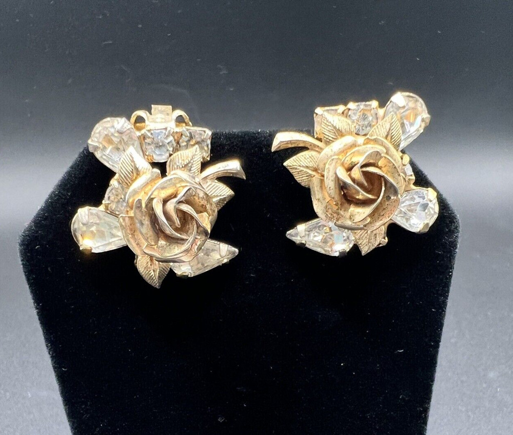 Beautiful Vtg MCM Gold Brass Plated ROSEs Earrings w/ Marquise AB Rhinestones